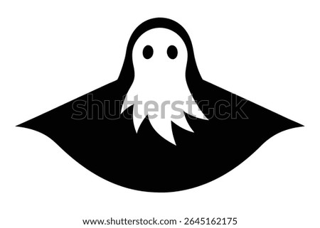 A simple black and white vector illustration of a ghost silhouette floating against a white background The ghost has a rounded shape with two small eyes and a flowing bottom.