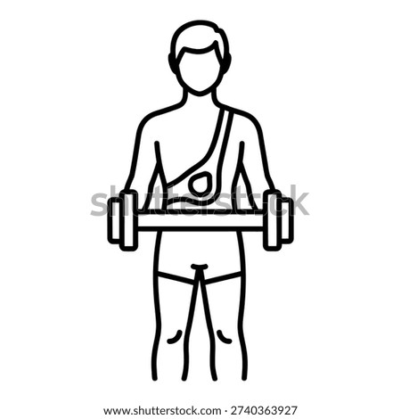 Simple black and white vector illustration showing a person engaged in strength training, holding a barbell for a workout. This icon represents fitness and exercise.