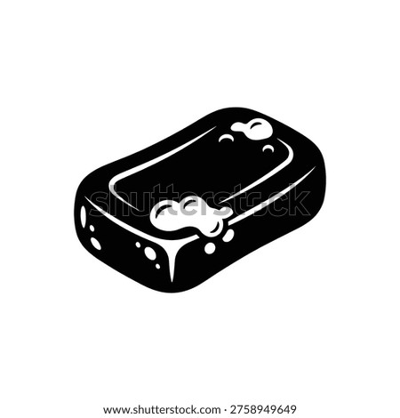 A simple black and white vector illustration of a bar of soap with suds. Ideal for hygiene, cleaning, or personal care concepts in marketing and design.