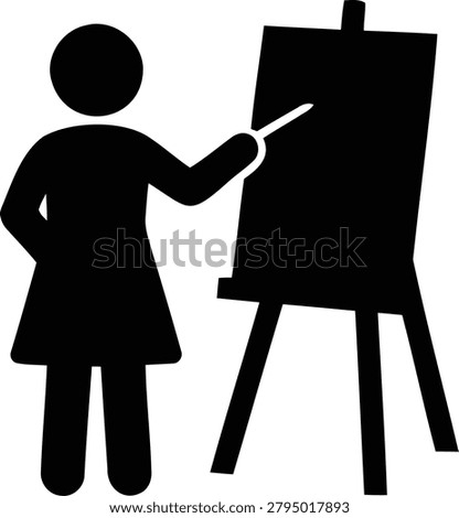 Simple black and white vector illustration shows a person demonstrating artistic technique at an easel with a pointer, conveying creative education.