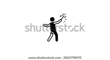 A simple black and white vector illustration of a person holding a magic wand with sparkling stars, representing magic, transformation, or creativity.