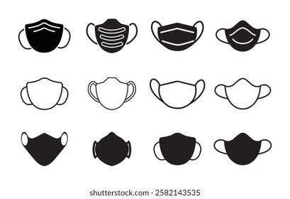 Simple black and white vector illustrations of various face mask designs, showing different shapes and potentially different filtration levels