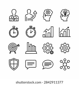 Simple black and white vector illustrations of human activities and transportation icons