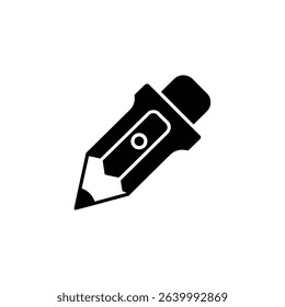 A simple black and white vector image of a pencil with an eraser. The pencil is depicted as a solid black shape with a white circle in the center.