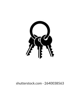 Simple black and white vector image showcasing a key ring holding three keys, isolated on a white background. Useful for various design applications.