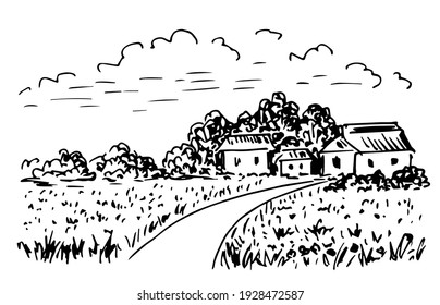 Simple black and white vector ink sketch. Village, road to the house, field, grass, trees on the horizon, clouds in the sky. Rural landscape, countryside nature. Hand-drawn drawing in engraving style.