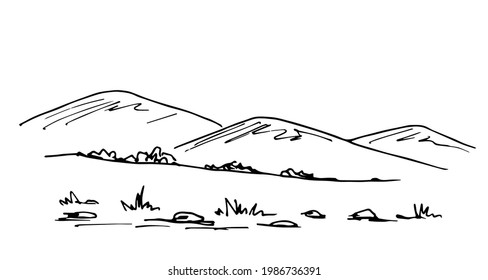 Dibujo simple de tinta vectorial en blanco y negro. Vida silvestre, paisaje montañoso, arbustos, hierba en primer plano. La naturaleza de los países montañosos, el turismo, los viajes.