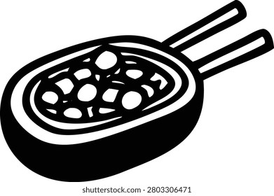 Simple black and white vector line art illustration of wok pan with food. Asian cuisine cooking, stir-fry, noodles. Concept for menu design, restaurant logo, food packaging. Isolated on transparent background.