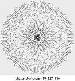 Mandala simple de vector blanco y negro compuesta de flores, corazones, pétalos y círculos, líneas negras sobre fondo de papel blanco
