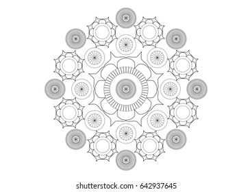 Simple black and white vector mandala composed with flowers and circles, black lines on white paper background