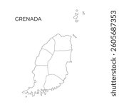 A simple black and white vector map outline of Grenada, showing its parishes and geographical divisions