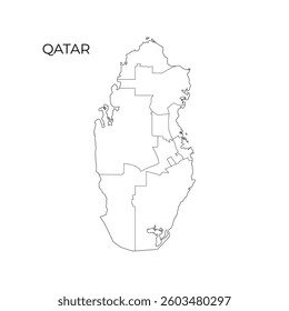 Simple black and white vector outline map of Qatar, showing internal municipal borders, perfect for educational, political, and geographic use