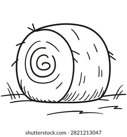 A simple black and white vector outline drawing of a cylindrical straw bale resting on the ground for agricultural coloring pages