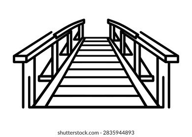 A simple black and white vector outline of a wooden footbridge viewed from the front, featuring handrails and planks.
