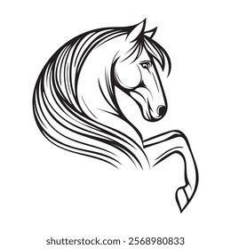 Simple black and white vector of a pony horse's head with a flowing mane, minimal out lines and silhouette illustration. Ideal for logos, tattoos, shirts, or as an elegant equestrian abstract symbol 