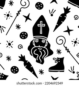 Simple black and white vector seamless pattern. Celebration of St. Nicholas Day, Sinterklaas. For prints of wrapping paper, gifts, textile products.