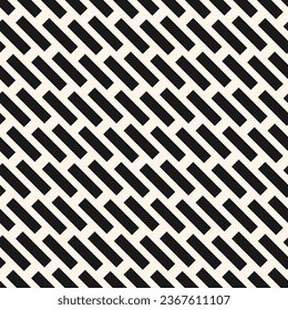 Simple black and white vector seamless pattern with diagonal dash lines, rectangles, parallel stripes. Paving stones floor texture, brick wall. Abstract monochrome background. Repeat design for decor