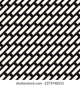 Simple black and white vector seamless pattern with diagonal dash lines, rectangles, stripes. Paving stones floor texture, brick wall ornament. Abstract monochrome background. Repeat decorative design