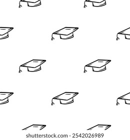 Simple black and white vector seamless pattern with student cap icon. Background related to education, school. Simple hand drawn symbols