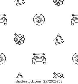 Simple black and white vector seamless pattern with icons of maintenance, car repair, wheel, road sign. Endless background with automotive theme for decoration, wrapping paper, print, wall decoration
