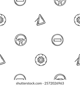 Simple black and white vector seamless pattern with icons of road signs, steering wheel, car wheel. Endless background with automotive theme for decoration, wrapping paper, print, wall decoration