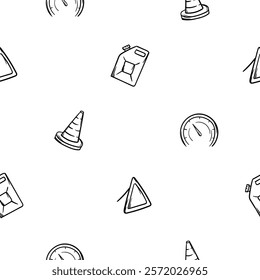 Simple black and white vector seamless pattern with canister, triangle sign, cone and speedometer. Endless background with automotive theme for decoration, wrapping paper, print, wall decoration