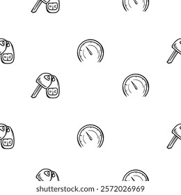 Simple black and white vector seamless pattern with car keys and speedometer icon. Endless background with automotive theme for decoration, wrapping paper, print, wall decoration