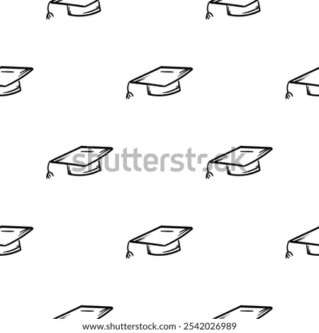 Simple black and white vector seamless pattern with student cap icon. Background related to education, school. Simple hand drawn symbols