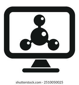 Einfacher schwarz-weißer Vektor, der einen Computerbildschirm mit molekularer Struktur darstellt, der die wissenschaftliche Forschung darstellt
