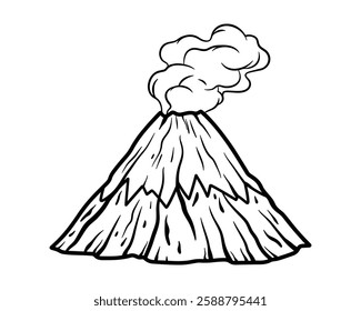 Simple black and white vector silhouette illustration of erupting volcano with smoke.