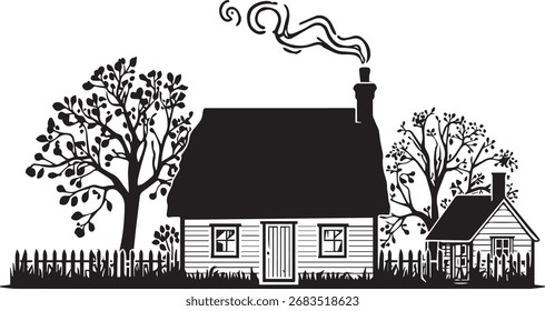 Silhueta de vetor preto e branco simples de uma casa de campo acolhedora com fumaça de chaminé