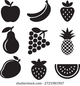 Simples preto e branco vetor silhueta ícones de frutas comuns: maçã, banana, morango, pera, uvas, abacaxi, manga e melancia. Coleção de glifos de alimentos saudáveis.