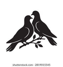 Simple black and white vector silhouette of two pigeons sitting on branch with foliage. Minimalist artistic design representing peace love unity and romance. Perfect for wedding invitations logos greeting cards and romantic event themes. Clean aesthetic flat vector illustration on white background.