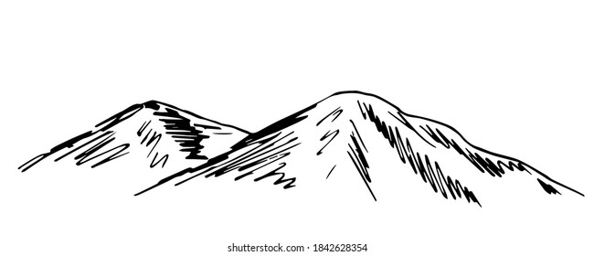 Simple black and white vector sketch. Mountain contour, landscape. Wildlife, for prints, labels, tourism, travel, mountaineering.
