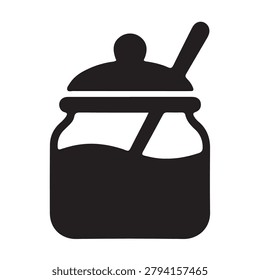 Simple black and white vector of a spice jar with a wooden spoon resting on top.