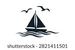 A simple black and white vector style illustration featuring a sailboat sailing on stylized ocean waves with two seagulls flying above.
