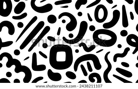 Simple black and white vector texture, seamless abstract doodle pattern. Random black shapes on white background.