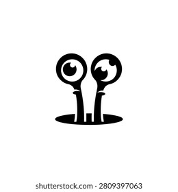 Simple black and white vector of two cartoon eyes on stalks emerging from a hole, evoking curiosity and surprise