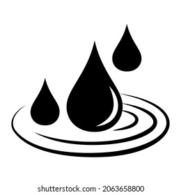 Simple black and white vector water icon. Flat illustration with three drops and round water ripples