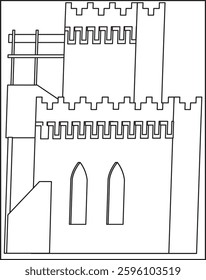 A simple black and white vector-style outline of a cartoon coloring book page depicting a fairy tale castle with turrets.