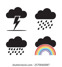 Simple, black and white weather icons depicting a thunderstorm, rain, and a rainbow.