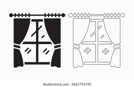 Simple Black and White Window with Curtains Icon
