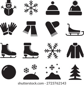 Conjunto de iconos de invierno simples en blanco y negro con muñeco de nieve, copos de nieve, sombreros, guantes, bufandas, patines sobre hielo, abrigos, bolas de nieve y árboles en un diseño minimalista para proyectos de temática invernal.