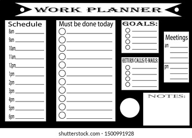 Simple black and white work/ business planner page vector template with an hourly schedule, goals, to do list, notes and meeting section 