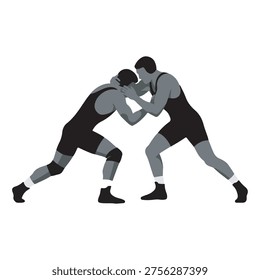 Simple black and white wrestling icon featuring two athletes in a grappling pose. Minimalist design with clean lines, suitable for sports branding, fitness apps, competition materials, and web or mobile interfaces.