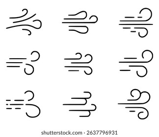 Simple black wind icons and symbols set on white