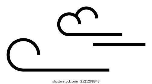 Simple black wind symbols on a white background, signifying air movement or breeze. Ideal for weather icons, navigation, environmental themes, simplistic designs, and vector art. Minimalist style.