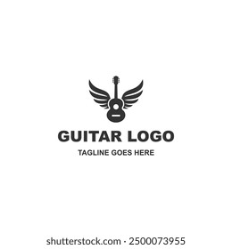 Vector negro simple del diseño del logotipo de la guitarra alada aislado en el fondo blanco