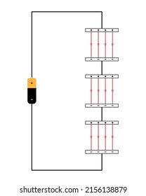 Simple black wire circuit with a battery and three gray capacitors connected in series. Red electric field lines. White background.