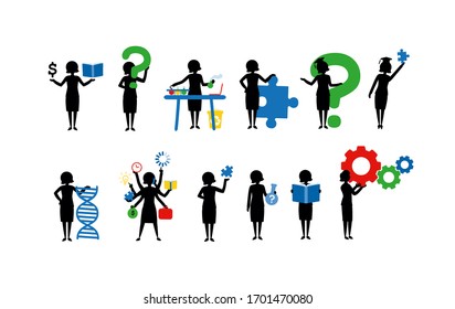 Simple black women silhouettes standing and holding school signs. Student knowledge and education clever symbols. Smart new ideas of woman scientist. Researcher at work. University graduate questions.